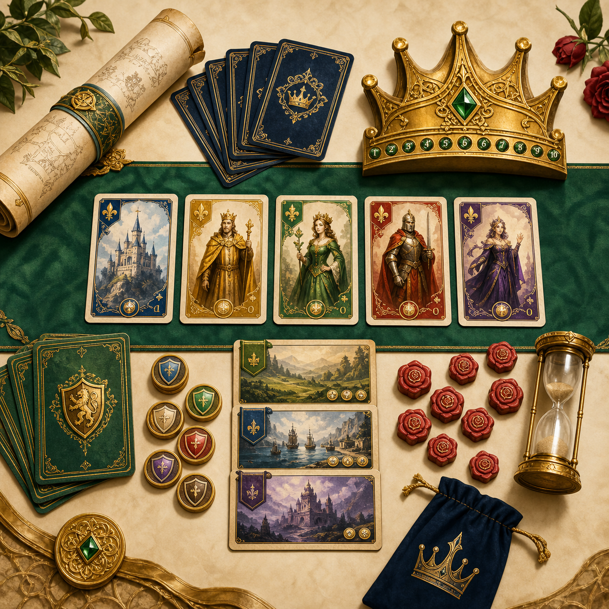 Generierte Fair Crown Spielkomponenten mit Karten, Krone und Markern
